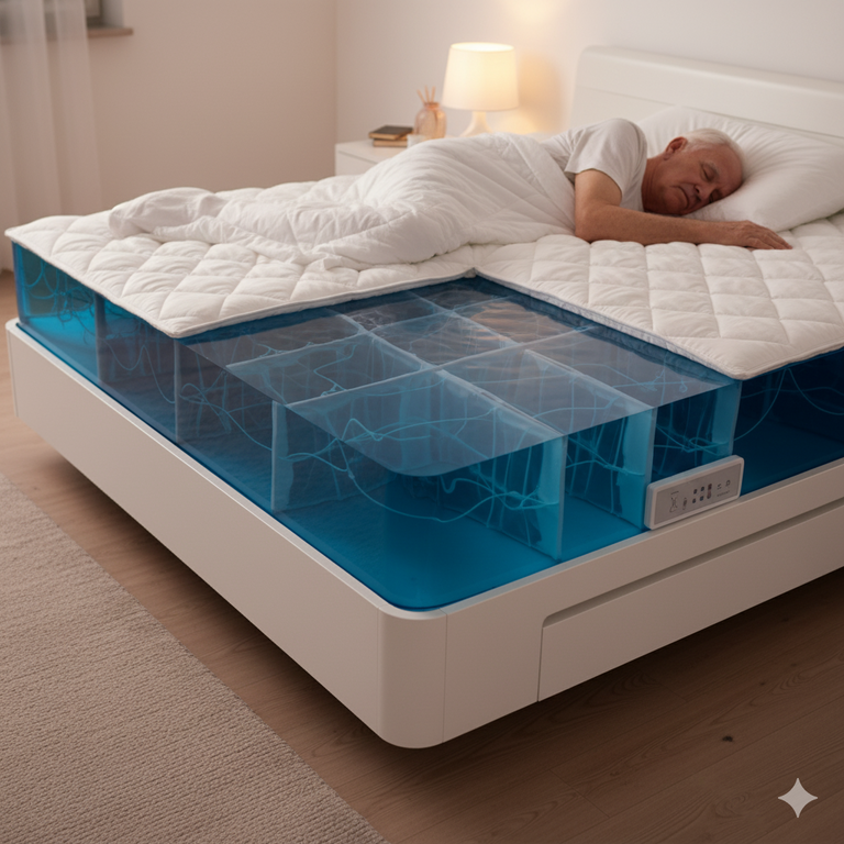 Senior man sleeping comfortably on a specialized waterbed mattress with a cross-section showing blue water chambers.