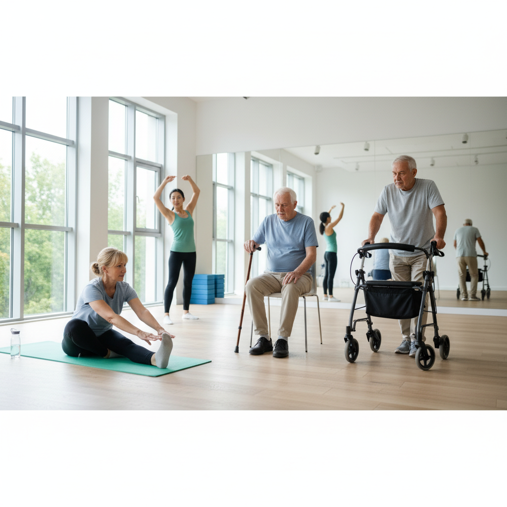 Older adults performing mobility exercises in a rehab class — one stretching on a mat, another seated with a cane, and one using a walker for support.