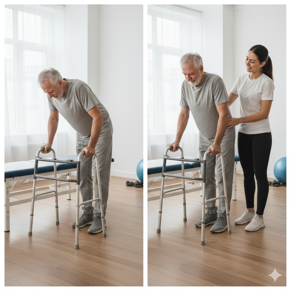 Older man practicing walking with a walker while being assisted by a physical therapist during rehabilitation exercises.