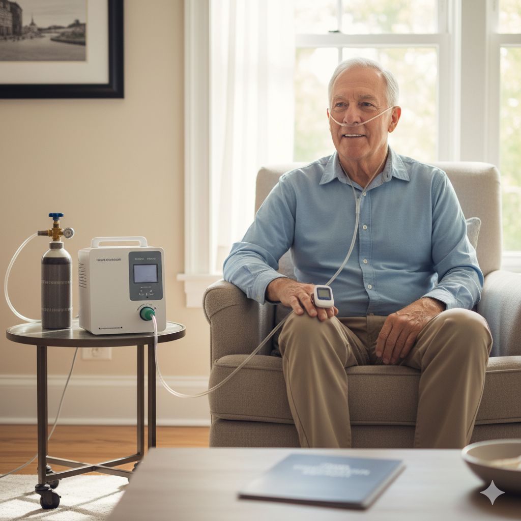 Senior man using home oxygen support system with a nasal cannula and oxygen concentrator.