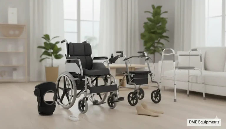 Comprehensive selection of Durable Medical Equipment (DME) featuring a manual wheelchair, 4-wheel rollator, standard walker, orthopedic knee brace, and compression hosiery.