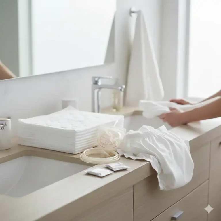 A stack of white absorbent underpads, a clear urological drainage bag with tubing, and sterile lubricant packets on a bathroom vanity.