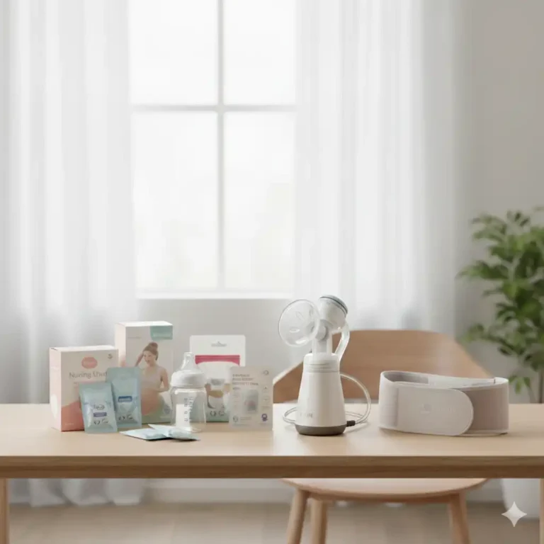 A breastfeeding support kit featuring an electric breast pump, baby bottles, milk storage bags, nursing pads, and a maternity support belt.