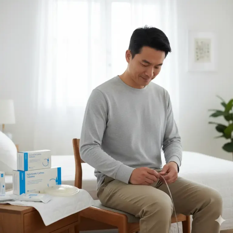 A man sitting in a bright bedroom, comfortably handling a catheter tube. Boxes of urological supplies and a drainage bag are neatly placed on the bedside table.