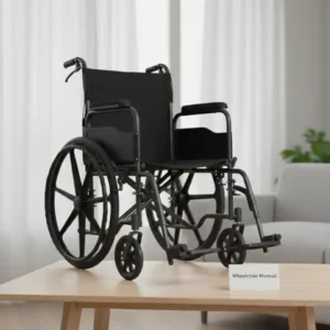 A blue Alfa Elite lightweight transport wheelchair with 12-inch rear wheels and black padded armrests - Alfa Healthcare Supply NY.