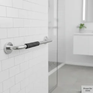 A white steel clamp-on bathtub grab bar securely attached to the side of a bathtub - Alfa Healthcare Supply NY.