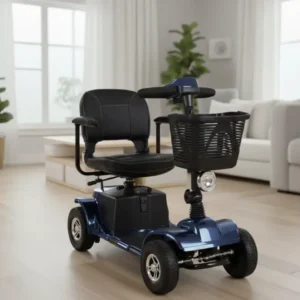 A blue Alfa Voyager 4-wheel mobility scooter with a front basket and swivel seat - Alfa Healthcare Supply NY.