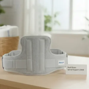 A person wearing a rigid LSO back brace showing the low-profile front panel - Alfa Healthcare Supply NY.