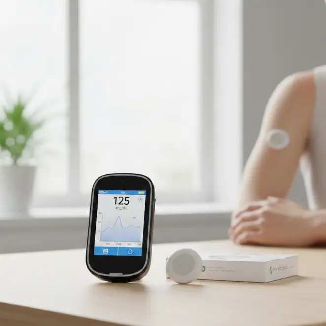 FreeStyle Libre 2 & 3 Continuous Glucose Monitoring (CGM) System | No Finger Pricks - A4239,A4238 2 A lady wearing a FreeStyle Libre 2 sensor on the back of their upper arm - Alfa Healthcare Supply.