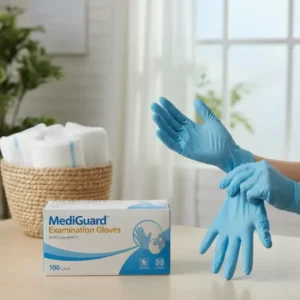 Box of blue medical grade Nitrile examination gloves showing the 100-count packaging - Alfa Healthcare Supply.