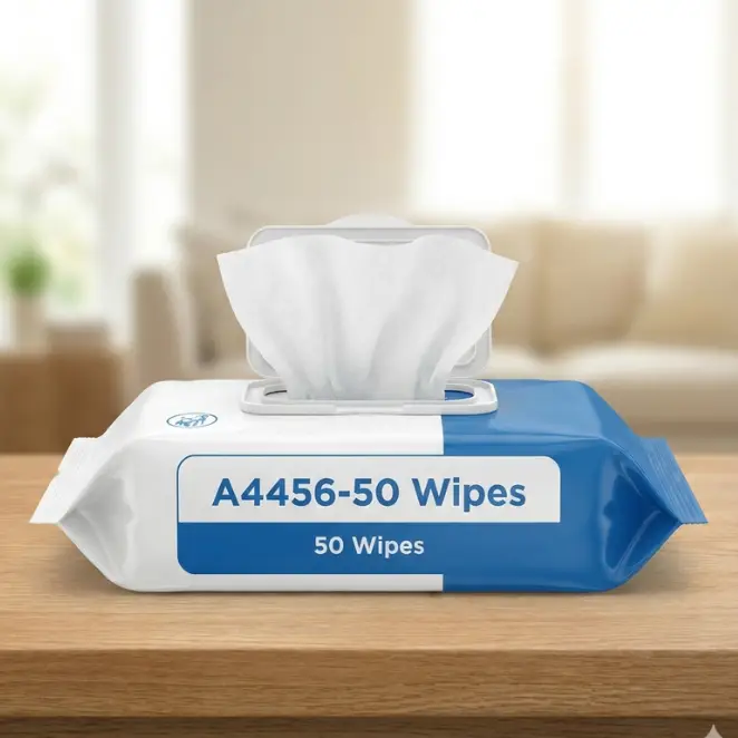 Medical Grade Incontinence Wipes - A4456 1 50-count pack of medical skin cleansing wipes with the flip-top lid open showing a soft washcloth - Alfa Healthcare Supply NY.