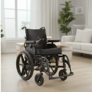 A standard Group 2 motorized power wheelchair with blue shroud and captain's seat - Alfa Healthcare Supply NY.