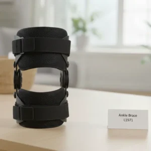 A semi-rigid medical ankle brace fitted inside an athletic shoe showing the lateral support shell - Alfa Healthcare Supply NY.