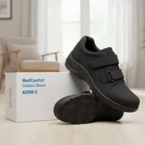 A stylish black leather therapeutic diabetic shoe with adjustable straps - Alfa Healthcare Supply NY.